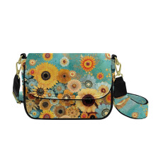 Dámska kabelka cez rameno s potlačou kvetov sedmokrásky a slnečníc, mini crossbody cestovná kabelka, malá taška s nastaviteľným širokým