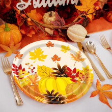 Thanksgiving Paper Plates Festive Fall Pumpkin and Maple Leaves Pattern Disposable Tableware for Fall Harvests Party