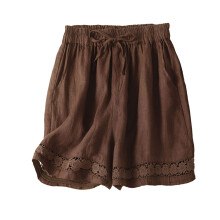 Leinen-Gaze-Shorts für Damen, fließende Baumwoll-Loungewear-Shorts mit elastischem Bund und Taschen, Braun – passend für Freizeitkleidung