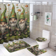 Conjunto de cortina de chuveiro com 4 peças, estampa de gnomos e trevos, com tapete, impermeável e com design exclusivo – compatível com