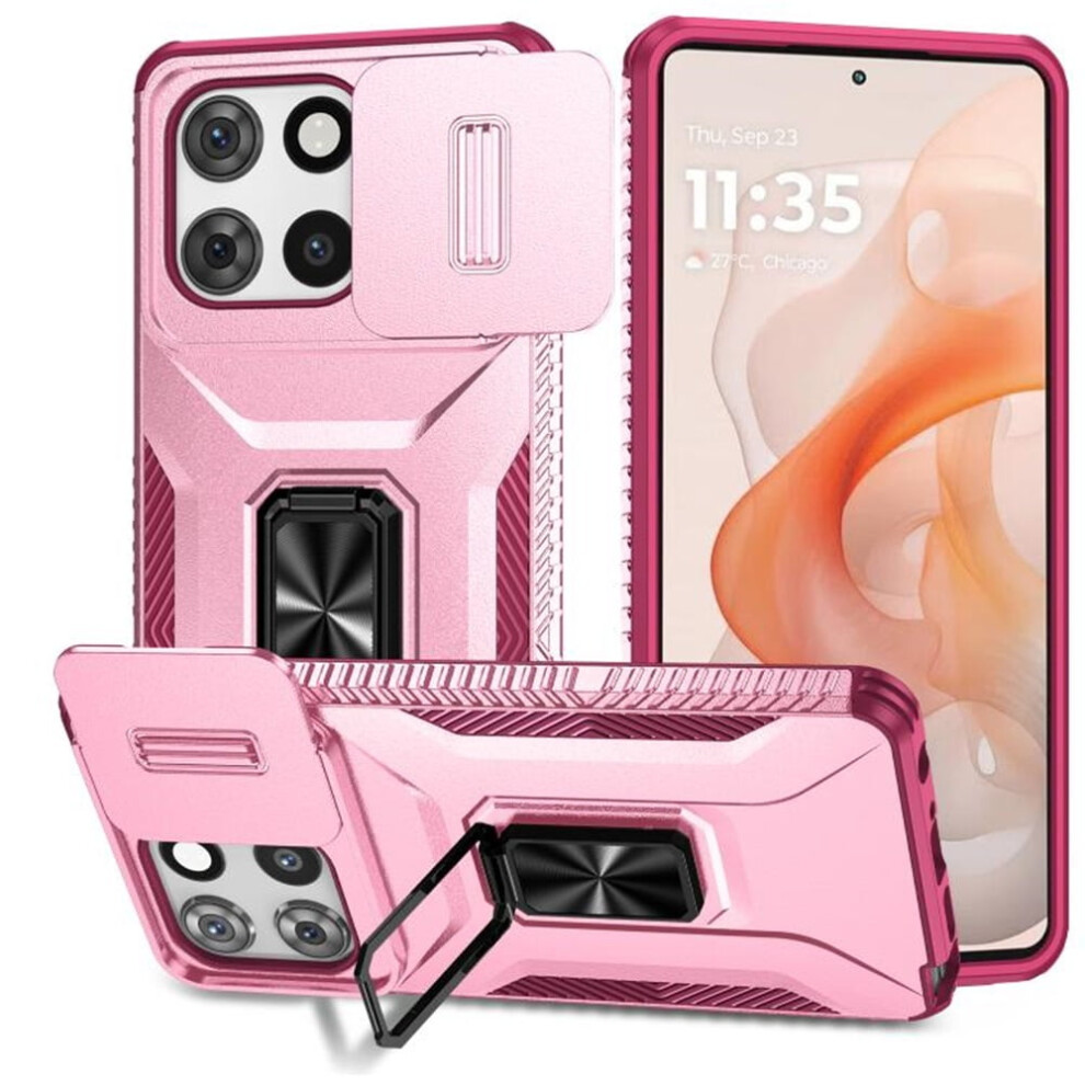 Slim Fit Shockproof Hybrid Case For Motorola Moto G Stylus 2025 (6.7"), With Slide Camera Cover & Rotated Ring Kickstand, Military-Grade, Pink 9313598256508