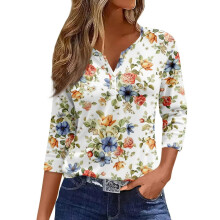 Damebluse Topper Sommer Blomstertrykk Grunnleggende 3/4-ermet V-hals Avslappet Bluse Løs passform Genser Topper