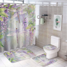 Ensemble rideau de douche à motif floral libellule violette (4 pièces) – Tapis antidérapant, couvre-abattant de toilette et tapis de bain –
