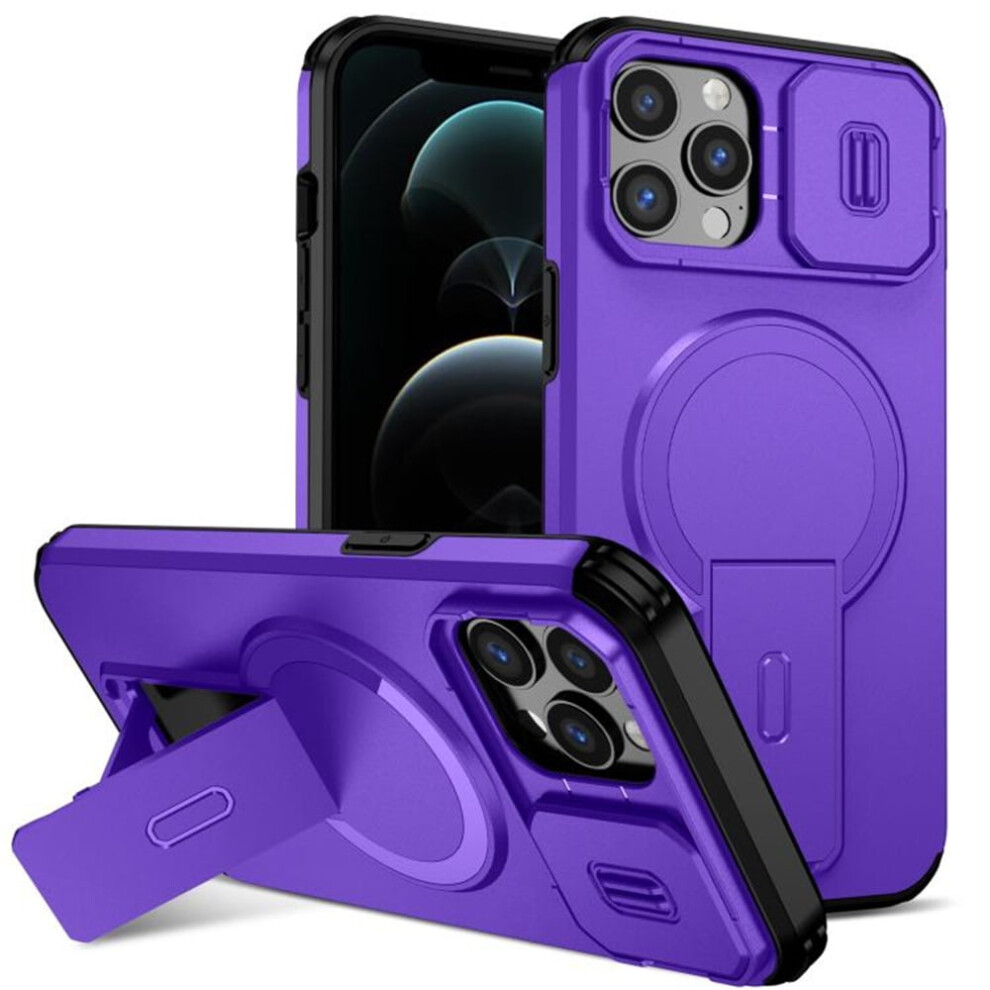 Rugged Case For Iphone 12 Pro Max 6.7" Â Magsafe Charging, Invisible Fold Stand, Sliding Camera Cover, Shockproof Purple 9313598257581