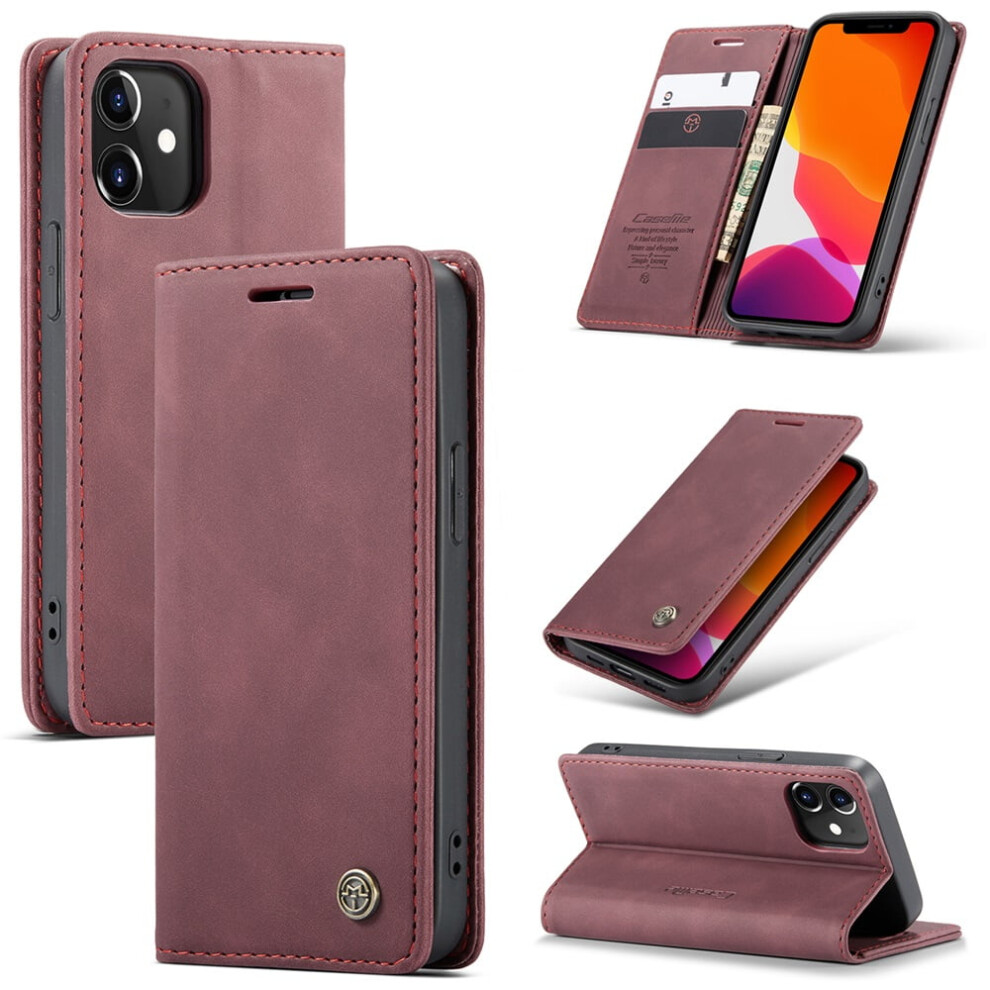 Caseme Leather Flip Wallet Case For Compatible With Iphone 12 – Magnetic Closure, Card Holder, Shockproof, Kickstand, Wine Red 9313598257710