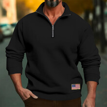 SYMOID Herrtröja med Quarter Zip - Svart, M, 100 % polyester, amerikansk flagga, avslappnad passform, skrynkelresistent