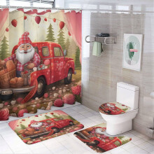 Ensemble de douche 4 pièces Camion rouge et gnomes avec rideau et tapis imperméables – Décoration de salle de bain Saint-Valentin