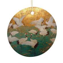 Christmas Ceramic Ornament: Double-Sided Heron, 3", White Cranes Dancing – Xmas Tree Decoration, Compatible with Standard Hooks