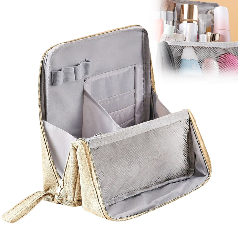 Standing Makeup Bag, Multi-PurposeÂ Large Capacity ToiletryÂ Bag Portable, Waterproof Standing Makeup BagÂ with Compartments (Beige)