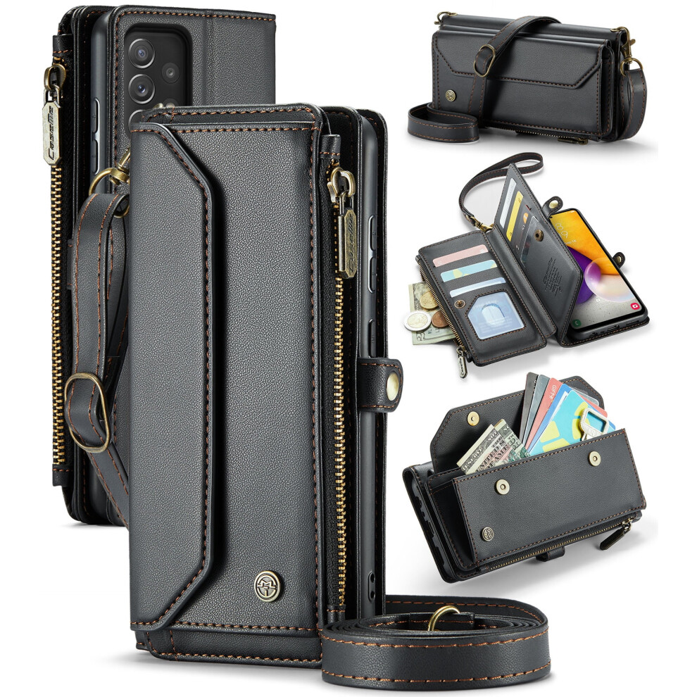 Caseme Leather Wallet Case For Compatible With Samsung Galaxy A72 6.7" Â Rfid Blocking, 10-Card Holder, Zipper Bills Slot, Magnetic Wrist Strap 9313598255020