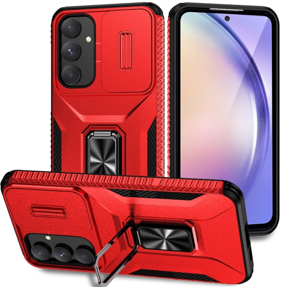 Slim Fit Shockproof Hybrid Case For Samsung Galaxy A55 5G – Slide Camera Cover, Rotated Ring Kickstand, Military-Grade, Red 9313598253446