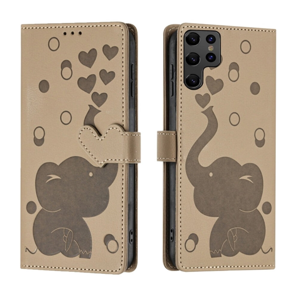 Cartoon Elephant Pu Leather Flip Wallet Case With Magnetic Closure, Card Slots & Hand Strap For Samsung Galaxy S22 Ultra 5G 6.8" Â Khaki 9313598253774