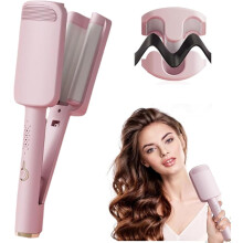 Ionic Deep Waver Hair Curler, 3-Barrel Ceramic, Fast Heat, Anti-Scald, Dual Voltage, 4 Temp Settings, for Short/Long Hair (Beige)