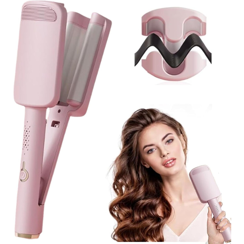 Beige Ionic Deep Waver Hair Curler, 3-Barrel Ceramic, Fast Heat, Anti-Scald, Dual Voltage, 4 Temp Settings, For Short/Long Hair (Beige)