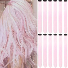 12 PCS 22 Inch Colored Clip-In Hair Extensions, Straight Synthetic Highlighted Hairpieces for Women, Light Pink
