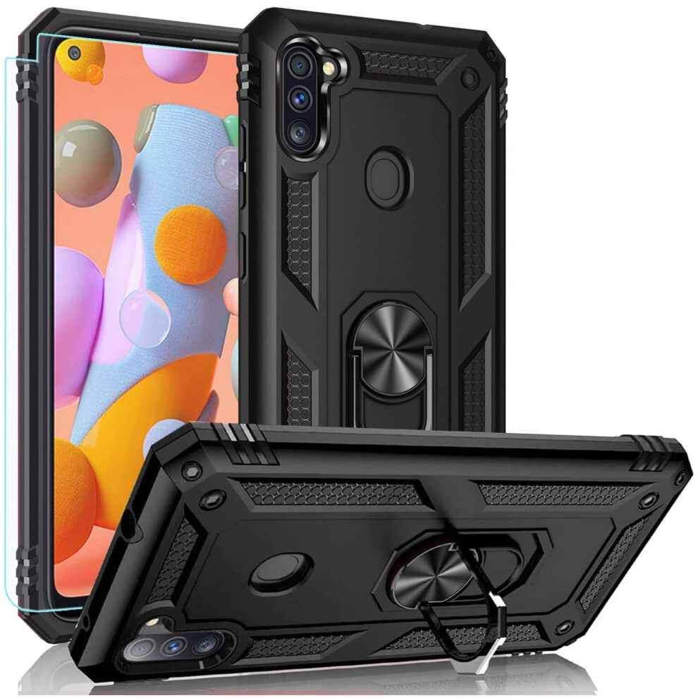 Compatible With Samsung Galaxy A11 Case Â Military-Grade Heavy-Duty Protection With Hd Screen Protector, Magnetic Ring & Kickstand (Black) Black 9496895287779
