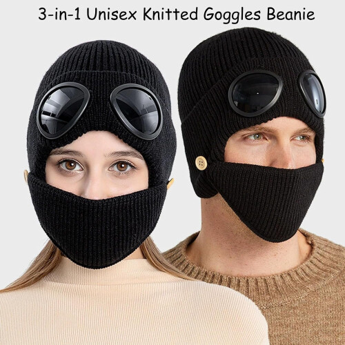 Unisex πλεκτό σκουφάκι 3 σε 1 με γυαλιά ηλίου, χειμερινό θερμικό καπέλο με αποσπώμενη 1