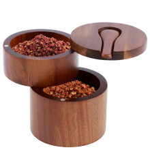 2-Layer Acacia Wood Salt & Pepper Bowl w/ Built-in Spoon, Magnetic Swivel Lid, Dustproof – Compatible with Kitchen Counters