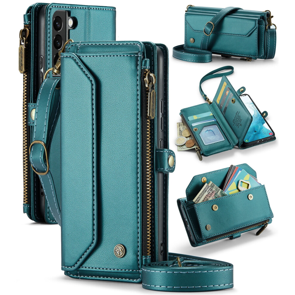 Caseme Leather Wallet Case For Compatible With Samsung Galaxy S22 6.2" Â Rfid Blocking, 7-Card Holder, Zipper Bills Slot, Magnetic Wrist Strap 9496895288790