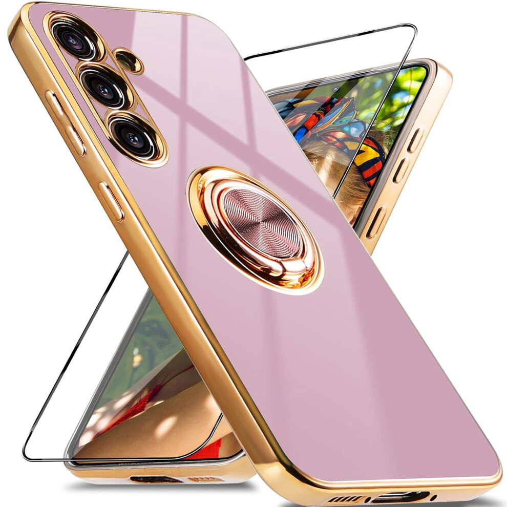 Samsung Galaxy S24 Case With Screen Protector, 360 Rotating Magnetic Ring Holder, Shockproof Electroplated Cover, Purple 9496895289810