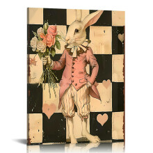 Whimsical White Rabbit Canvas Art – Elegant Rabbit with Bouquet, Vintage Checkered Background – Framed Wall Poster for Living Room/Bedroom –