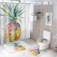 4-Piece Tropical Pineapple Shower Set: Curtain, Rug, Lid Cover & Non-Slip U-Shaped Mat – Waterproof, Modern Watercolor Design