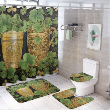 St. Patrick's Day 4-Pc Shower Curtain Set with Rugs, Lid Cover & Non-Slip U-Shaped Mat – Green Shamrock, Waterproof
