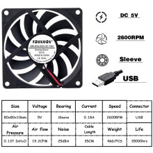 Ventilateur USB 8010 DC5V 80 mm - Ventilateur de refroidissement 5V/12V/24V - 80x80x10mm - 8 cm - Ventilateur de refroidissement sans balais CC pour
