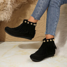 Botas vaqueras Willtoo con flecos para mujer, de ancho especial, con remaches, estilo western, de ante, estilo plano, cálidas para invierno, color