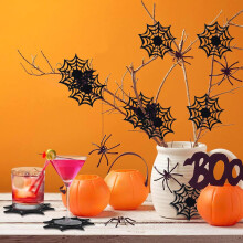 Placemats met herfst- en Halloween-thema, griezelig patroon met zwarte vleermuizen, antislip en hittebestendig, 11,5 x 11,5 cm, voor eettafel,