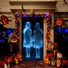 Halloweenska obálka na dvere – banner so strašidelnými dvojičkami a strašidelným filmom, 35x71", dekorácia do interiéru/exteriéru,