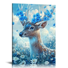 Wall Art Living Room, Winter Landscape Flower Wall Painting with Reindeer in Forest Large IN Wildlife Deer Christmas Wall Decor for Bedroom 12x16 in