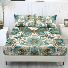 Ensemble de draps Queen imprimé papillons et fleurs, 3 pièces (1 drap-housse + 2 taies d'oreiller), extensible et doux, facile à installer et