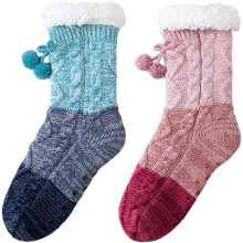 2 pairs Knitted Ultra-thick Slipper Home Socks with Pom-Poms, Non-Slip Winter House Socks with Fleece-Lined Warmth for Indoor Comfort and Gifting