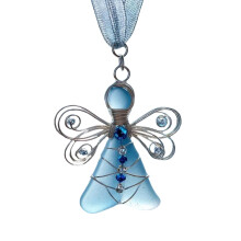 Clearance Handmade Sea Glass Angel Ornament,Handmade Silver Wire-Wrapped Angel Decor,Xmas Holiday Home Decor,Blue