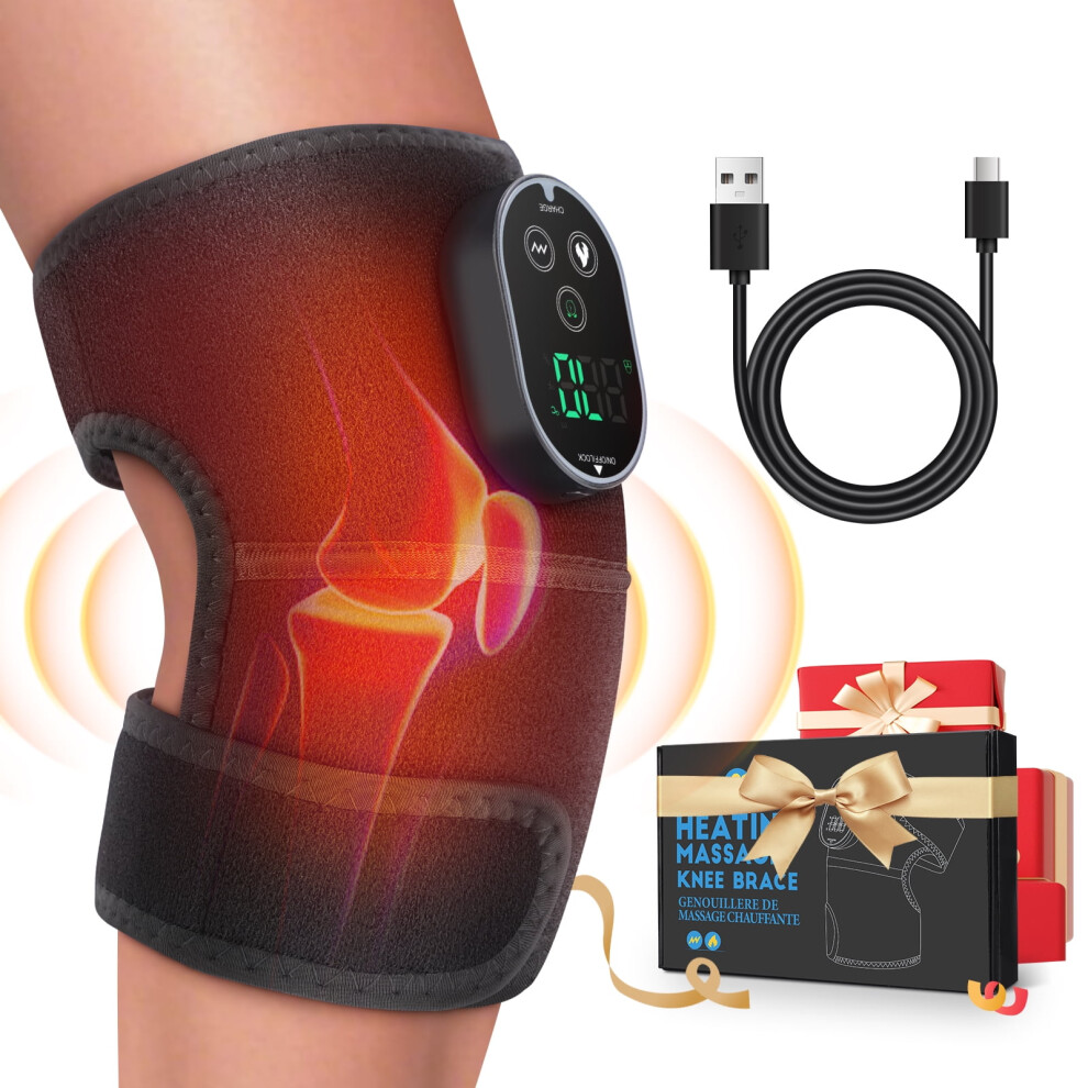 Black Heated Knee Massager Wrap, Cordless 3-In-1 (Knee/Shoulder/Elbow), 6 Heat Levels & 3 Vibration Intensities,