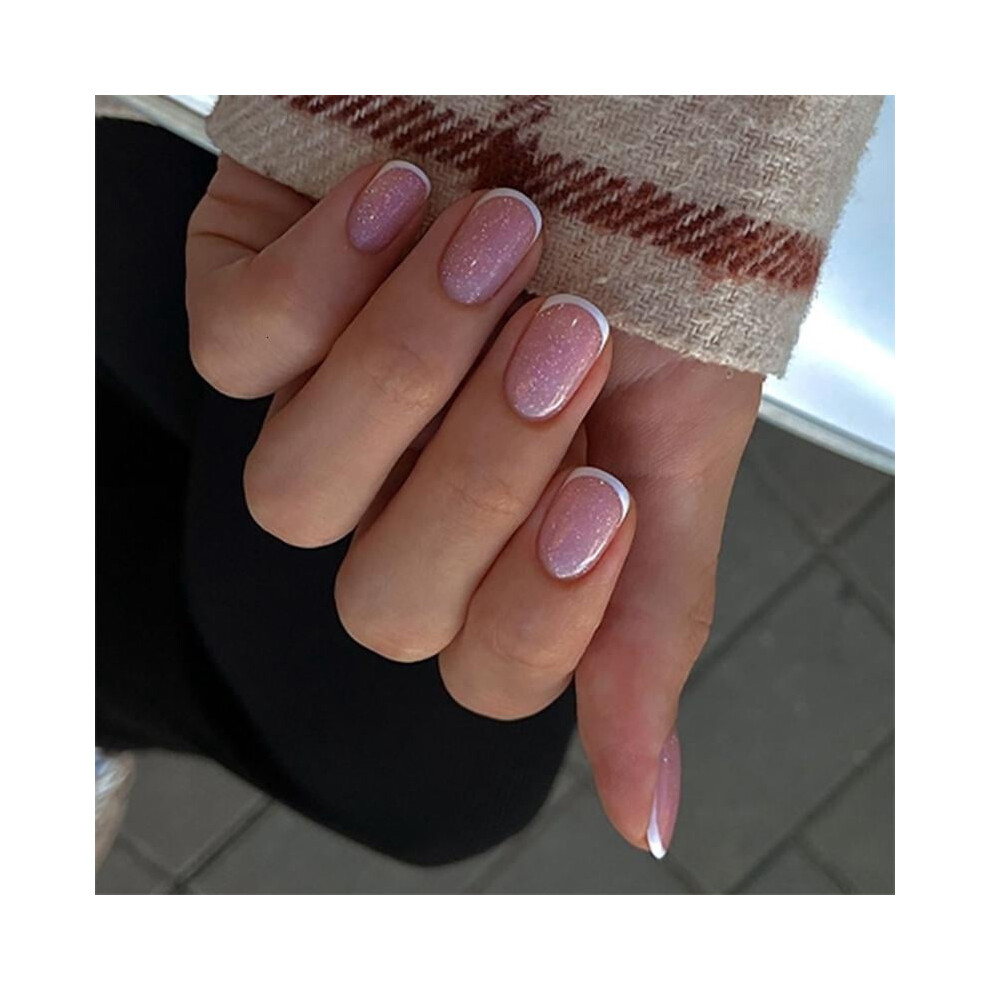 White 24X Elegant False Nail Short Round Press On Nail French Tip Stick On Nail