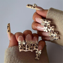 Uñas postizas con estampado de leopardo, punta francesa, 24 unidades