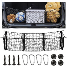 Detachable 3-Pocket Heavy Duty Cargo Net with 4 Metal Carabiners – Compatible with SUVs, Cars, Pickup Trucks, Vans