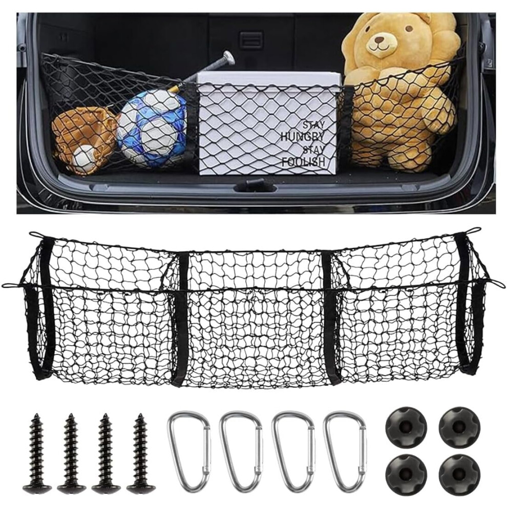 Detachable 3-Pocket Heavy-Duty Cargo Net With 4 Metal Carabiners, Compatible With Suvs, Cars, Pickup Trucks, Vans 9422877975761