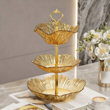 3-Tier Gold Fruit Bowl & Tray with Stand Triple Layer for Snacks, Nuts, Bread & Candy Storage
