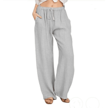 Women Loose Cotton Linen Casual Trousers Solid Drawstring Pants with Pockets Daily Wear Home Wear