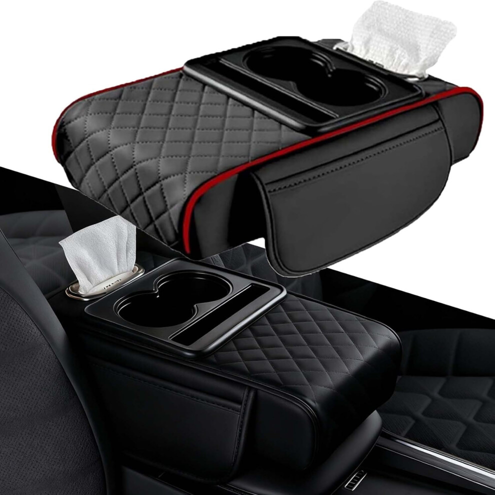 Pu Leather Car Armrest Box Mat, 4-In-1 Console Cover With Cup Holders, Tissue Slot, Phone Holder & Storage Bag, Compatible With Most Vehicles 9399596700328