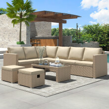 Khaki Garden Corner Sofa Set with Table & 2 Stools