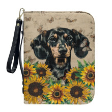 Dachshund Butterfly Sunflower Faux Leather Bible Cover for Women & Men – Multifunctional, Detachable Wristlet Strap, Bible Study Tool