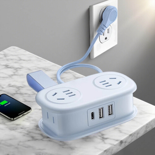 Light Blue Multi-Function Power Strip, USB & Type-C Charging Ports, Compact Power Organizer for Home, Office & Dorm 1