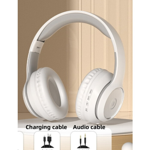 Foldable Bluetooth Over-Ear Headphones in White, Wired Music Earphone with Volume Control 1