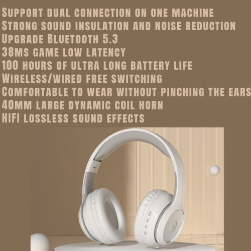 Foldable Bluetooth Over-Ear Headphones in White, Wired Music Earphone with Volume Control 2
