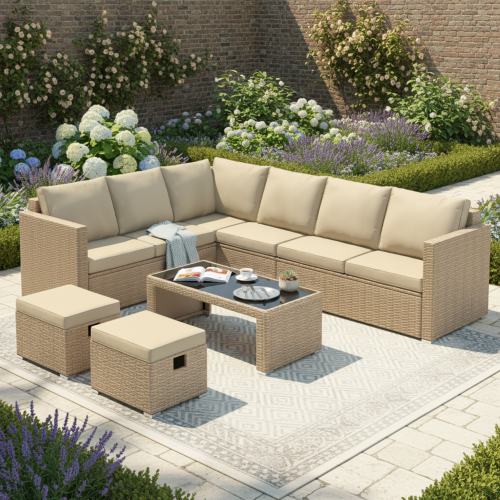 Khaki Garden Corner Sofa Set with Table & 2 Stools 2