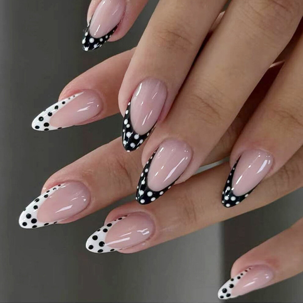 ABS Press-On Nails French Manicure with Polka Dots 24 Pieces